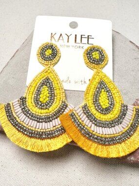 NWT Kay Lee Seed Beaded Southwestern‎ Boho Yellow Earrings Handmade